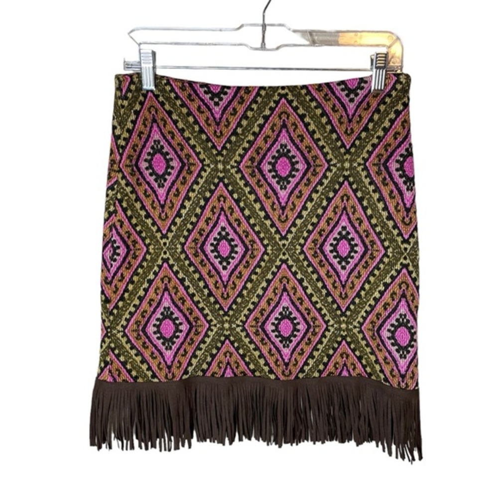Cowgirl Justice Knit Aztec Print Skirt with Brown Fringe Size Small‎ Pink Black